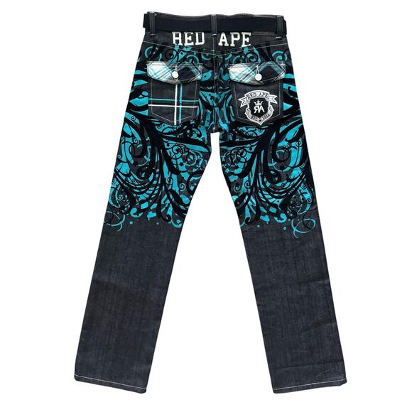 Red Ape Jeans Boys Medium 10 Black Blue Graphic Denim Grunge Skater pants - Picture 1 of 15